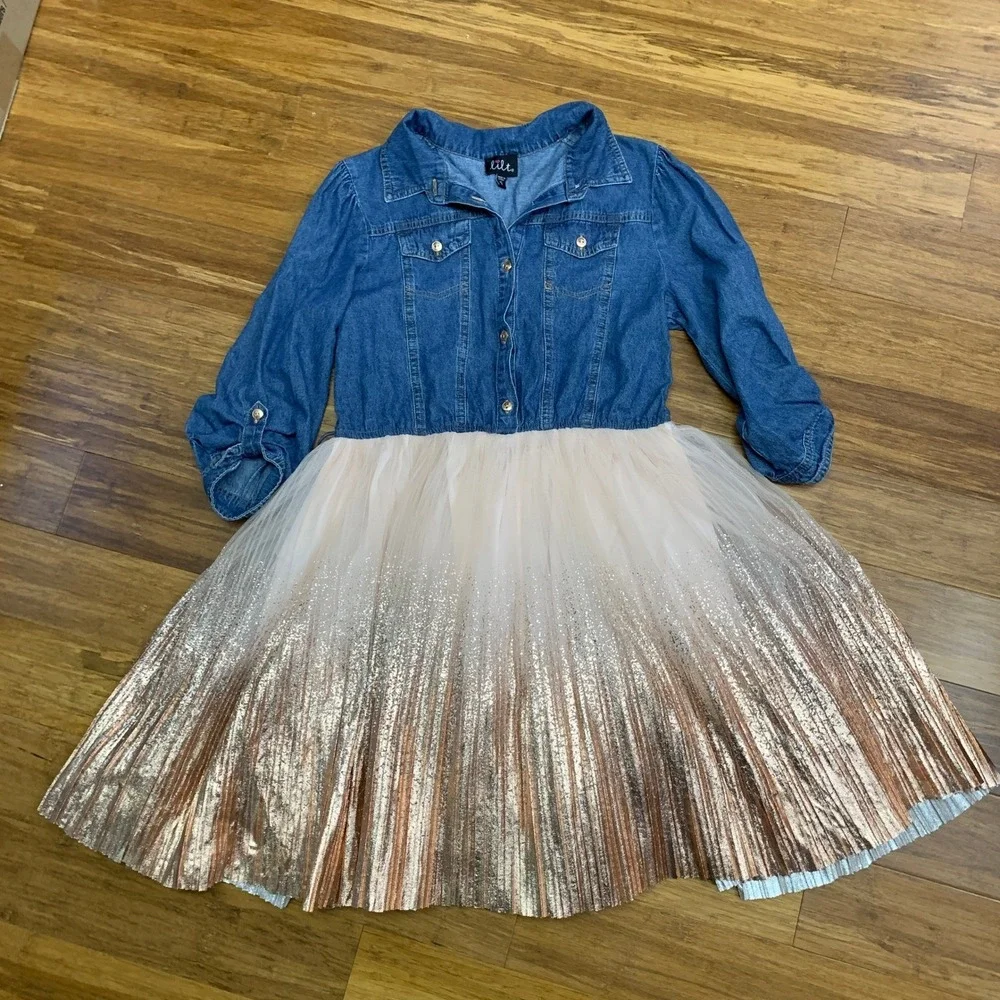 Lilt Denim Top Tulle Skirt Dress Girls Size‎ XL (16) Gold Glitter Pleated Casual